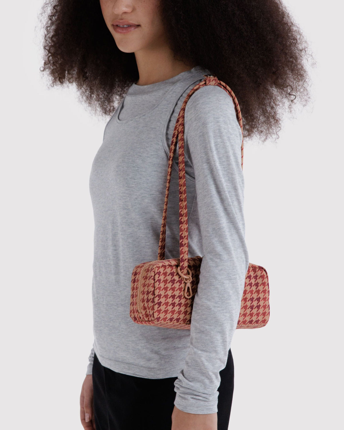 Small Nylon Bowler Bag - Tan Houndstooth