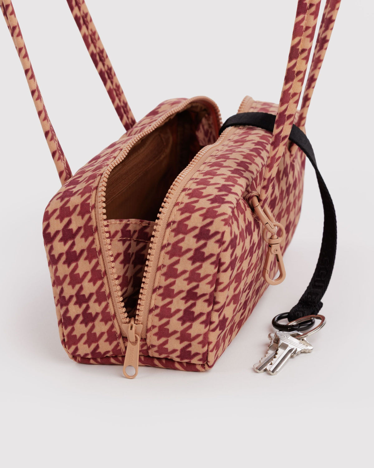 Small Nylon Bowler Bag - Tan Houndstooth